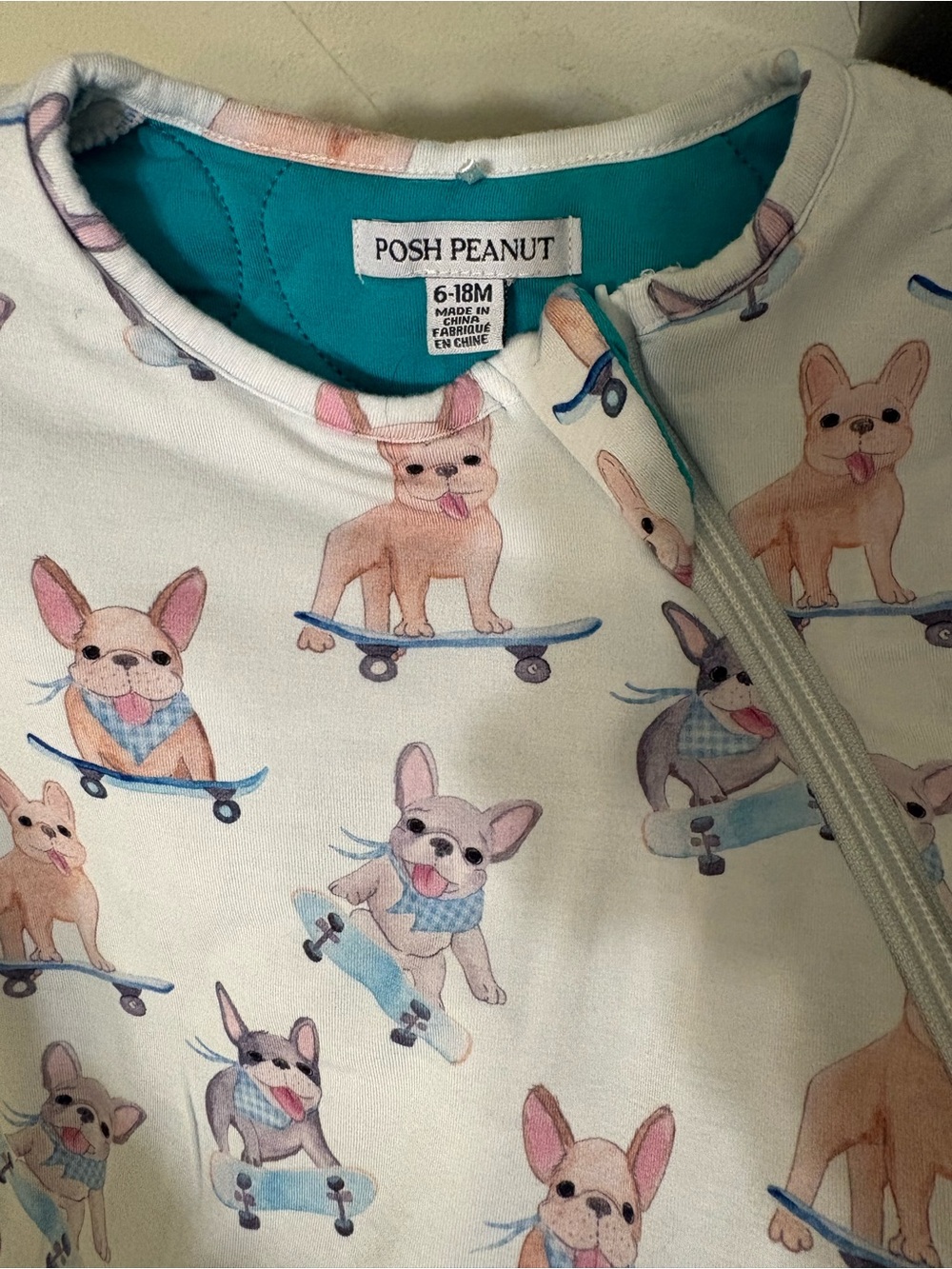 Posh Peanut White French Bulldog Skate Pajamas with Teal Lining